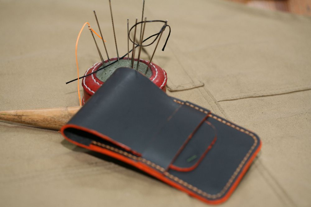 Handmade Black Leather Watch pouch with orange Stitch