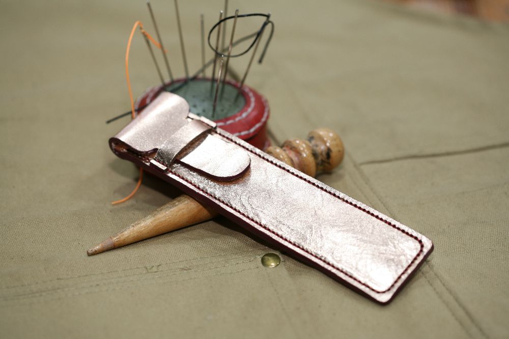 Handmade Gold Leather & Purple Stitch Pen Case