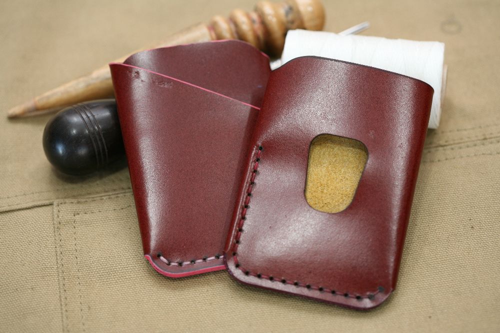 Handmade Burgundy Leather & Purple Stitch Business Card Case